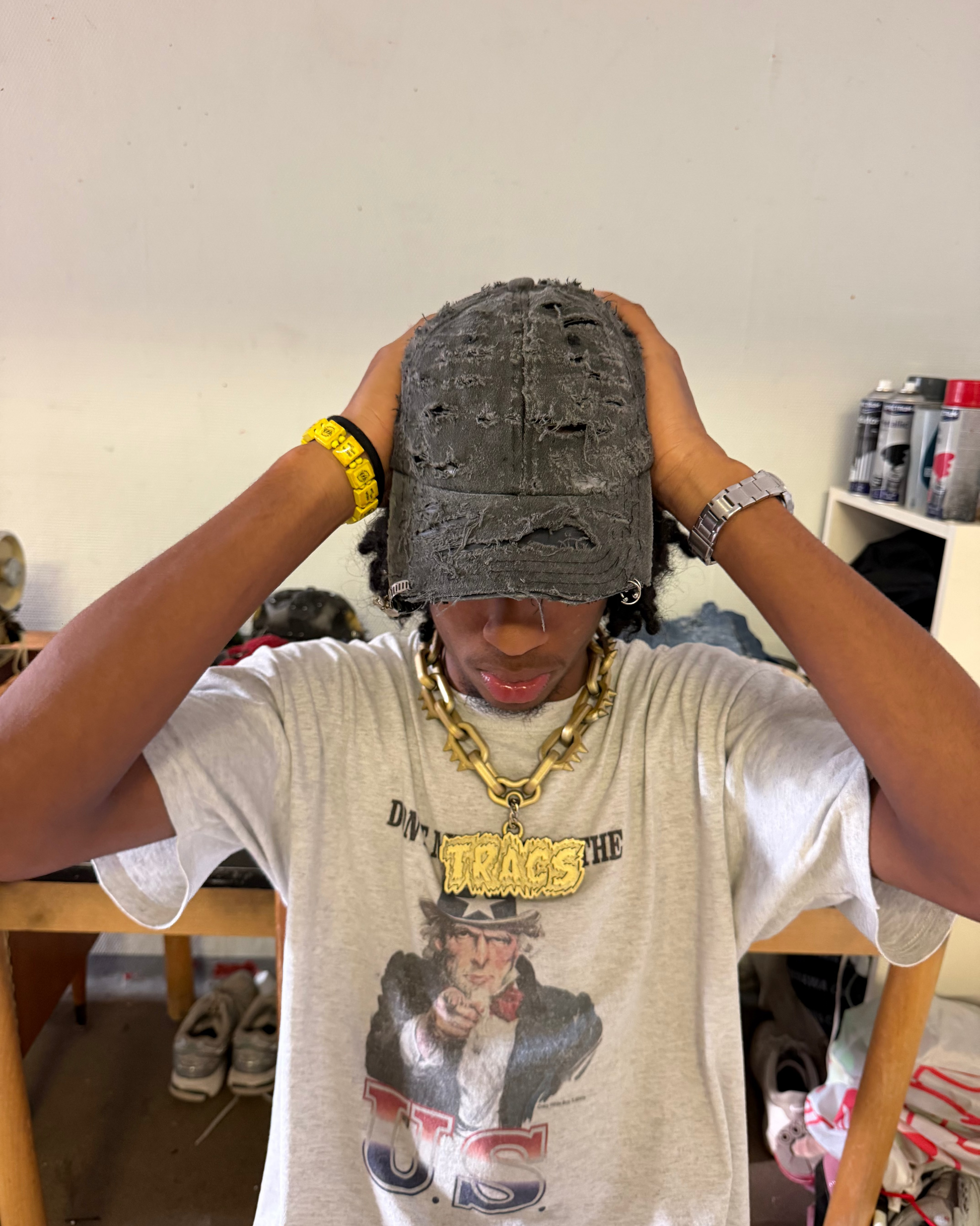 NOUCHI X KMORPH - GREY DENIM DESTROYED CAP