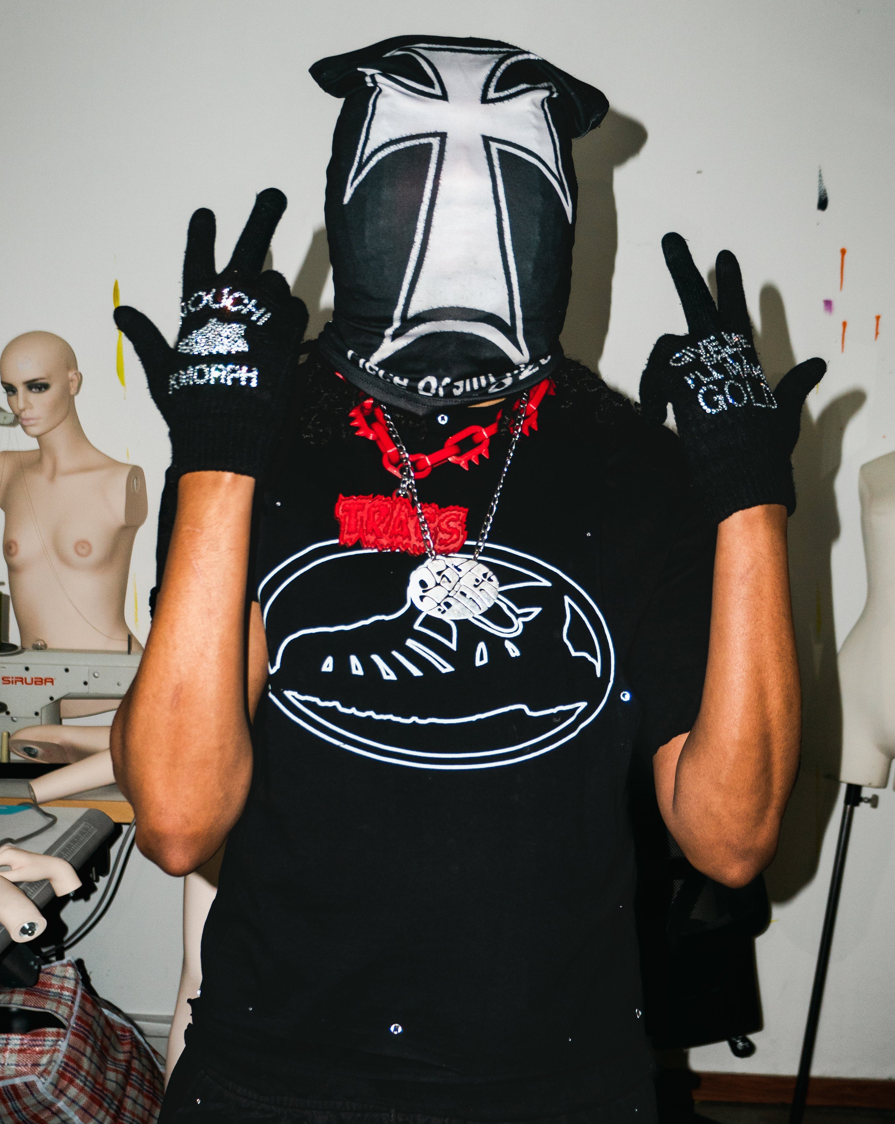 NOUCHI X KMORPH - 1OF1 SWAGKET BLACK DOUBLE RHINESTONE TEE