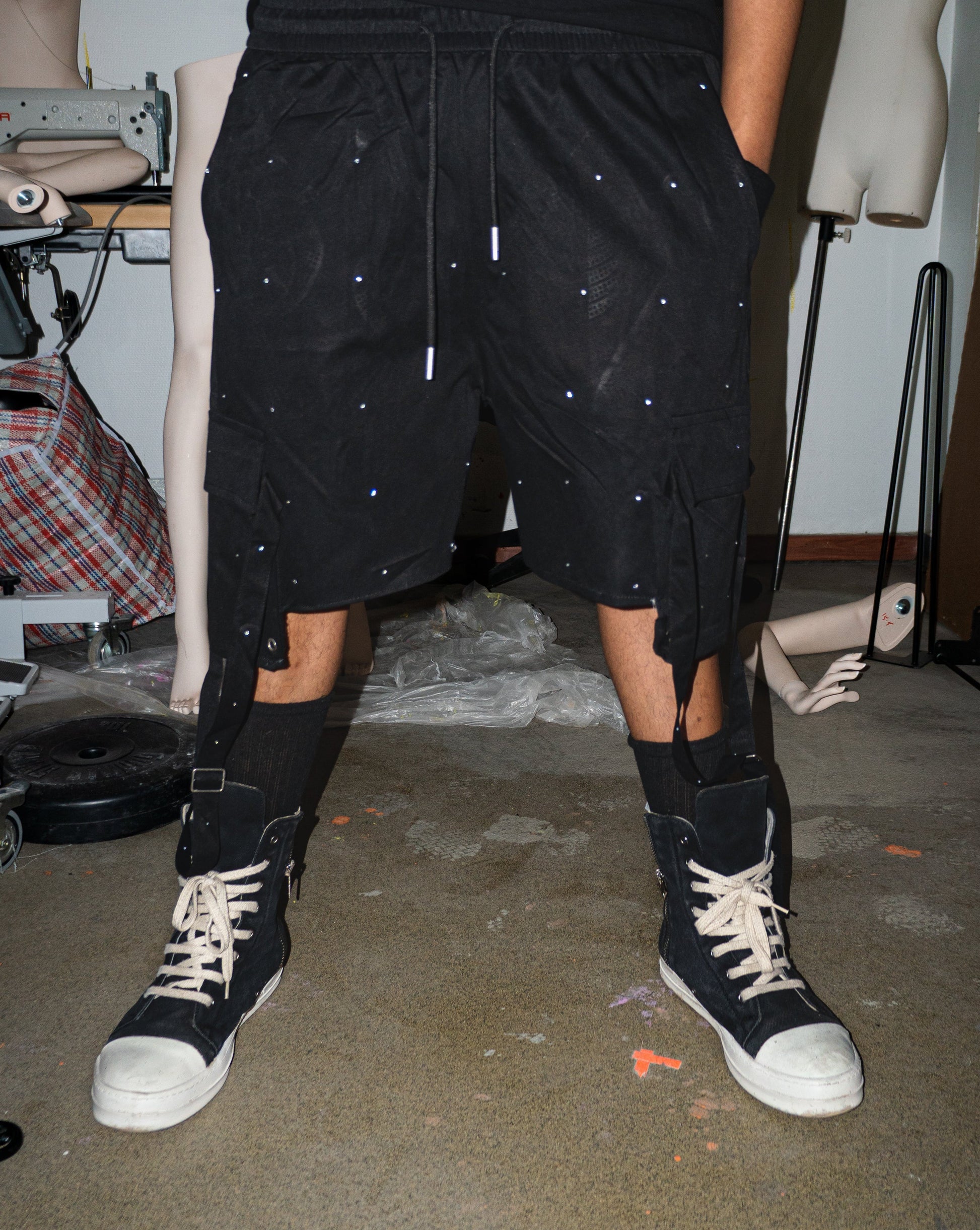 NOUCHI X KMORPH - 1OF1 BLACK RHINESTONE CARGO SHORT