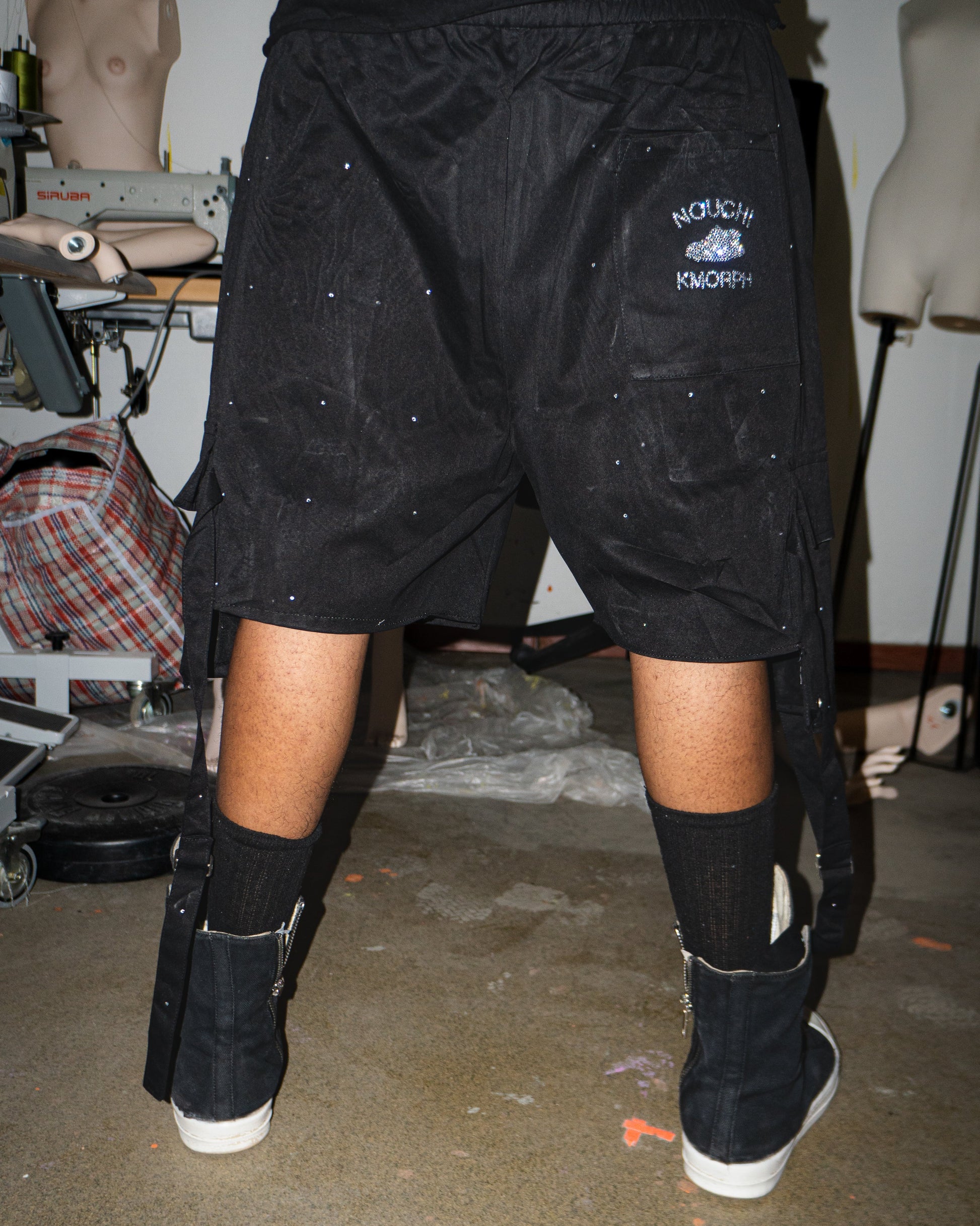 NOUCHI X KMORPH - 1OF1 BLACK RHINESTONE CARGO SHORT